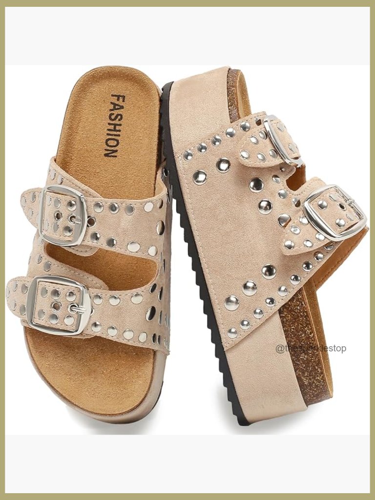 Suede Studded Platform Sandals With Cork Footbed Adjustable Double Buckle